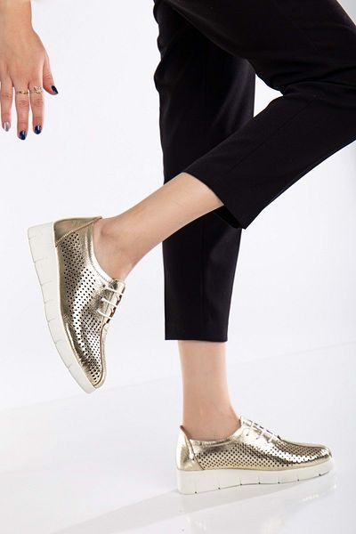 ANALİN SHOES Pantofi confortabili de zi cu zi cu șireturi cu laser din piele naturală - aurii