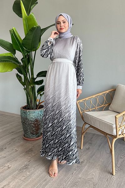 InStyle Γκρι φόρεμα σιφόν - Σχέδιο φούστας και μανίκι με σχέδια