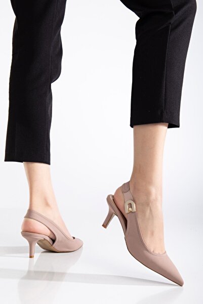 Dilimler Ayakkabı Large Size Women's Heeled Shoes Mink Satin Material Stone Buckle