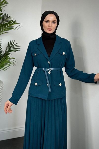 MERVEN AKYÜZ Petrol Green Elina Blazer Pleated Ettak Suit