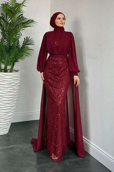 MERVEN AKYÜZ Stella Beaded Cape Evening Dress - Burgundy Color