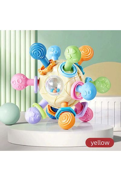 Choice Yellow Baby Manhattan Grasping Ball - 3-in-1 Teether, Rattle, And Soft Rubber Grasping Toy For Early
