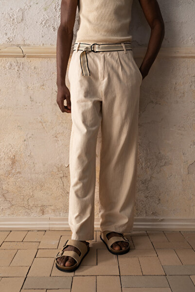 GIESTO Regular Fit Belted Beige Trousers