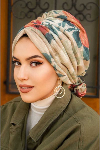 Aişe tesettür الضوء البيج الكاكي زهرة نمط مشبك بونيه