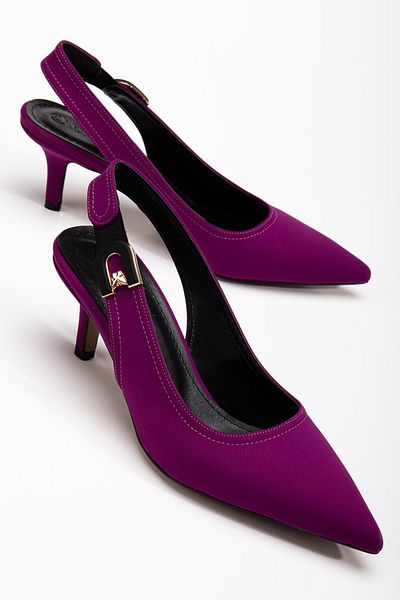 Dilimler Ayakkabı Large Size Women's Heeled Shoes Purple Satin Material Stone Buckle