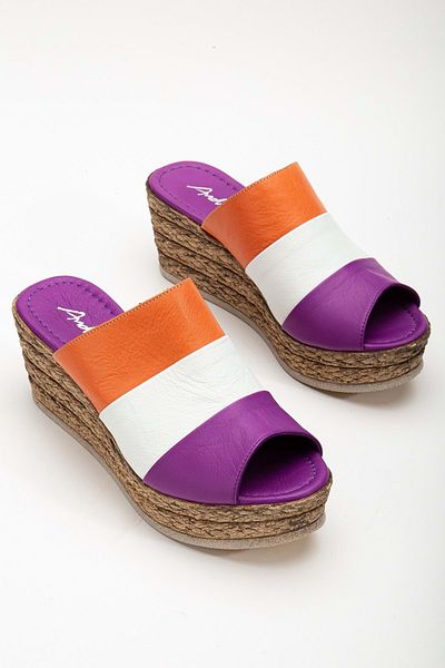 ANALİN SHOES Purple/White/Orange Genuine Leather Women's Wedge Heel Slippers