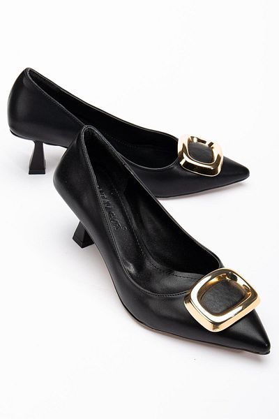 Dilimler Ayakkabı Women's Black Square Buckle Skin Heeled Shoes