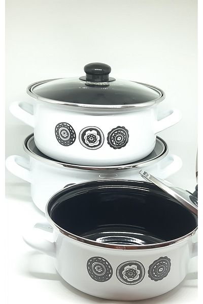 Avşar Enamel Evi̇m 20-22-24 cm Diameter 1750-2.5-3250 ml Black Flowers Enamel Pot Set