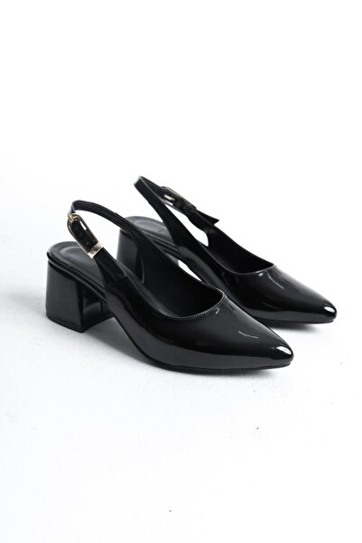 Bak Store Black Patent Leather Gold Buckle Detailed Women's Thick Heeled Shoes