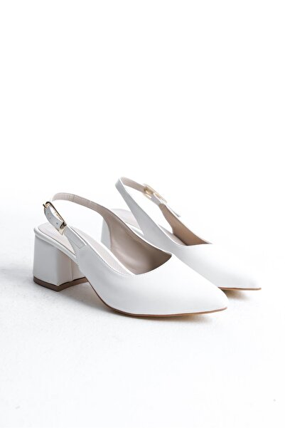 Bak Store White Patent Leather Gold Buckle Detailed Women's Thick Heeled Shoes