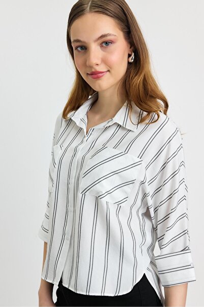 Rays 4272A Çizgili Cepli Gömlek Ekru
