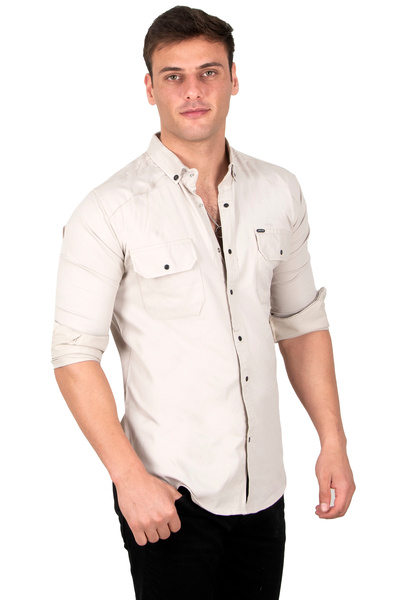 DeepSEA Ανδρικό πουκάμισο διπλής τσέπης σε μπεζ Lycra με λεπτό ραβδωτό κούμπωμα 2300421