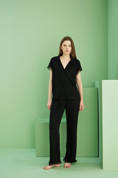 Siyah İnci Black Tulle Detailed Shirt Collar Buttoned Short Sleeve Viscose Knitted Pajama Set7824