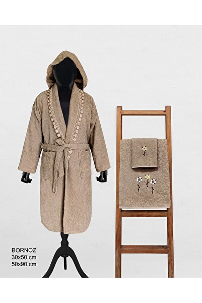 Fakılı Deco Home Pamuk Kapşonlu 3Lü, Bej Renkli (1)30x50-(1)50x90Cm Nakışlı '...