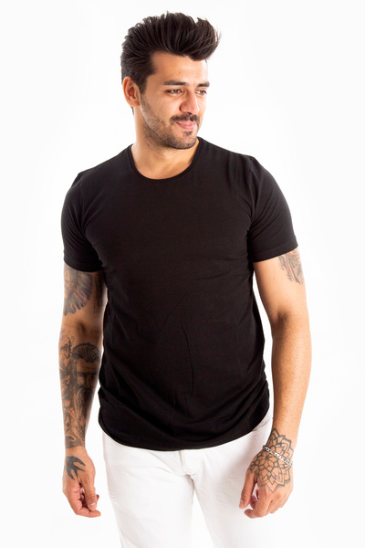 Rizz up Tricou negru pentru bărbați, cu gâtul circular, slim fit, lycra, simp...