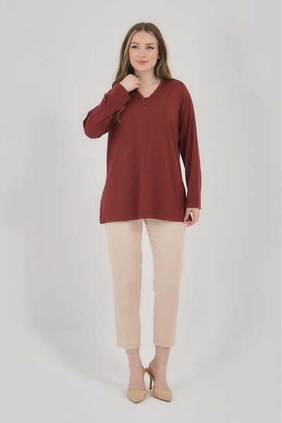 Fresh&Moda Women's V-Neck Lycra Large Size Middle Age Mother Combed Cotton Blouse