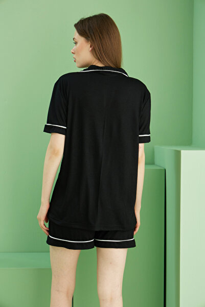 Siyah İnci Siyah Gömlek Yaka Düğmeli Biyeli Viskon Örme Geniş-Salaş Kalıp Şort Takım7827