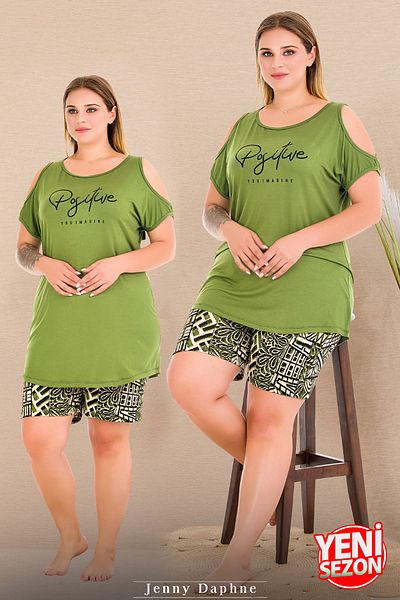 Jenny Daphne Set de pijamale cu mânecă scurtă, cu imprimeu, cu design pe umeri, pentru femei, 10429