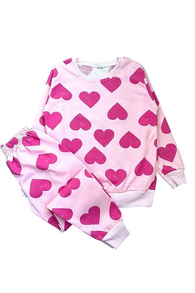 ALİŞ KİDS Girl's Cotton Pink Heart Patterned Long Sleeve Seasonal Pajama Set