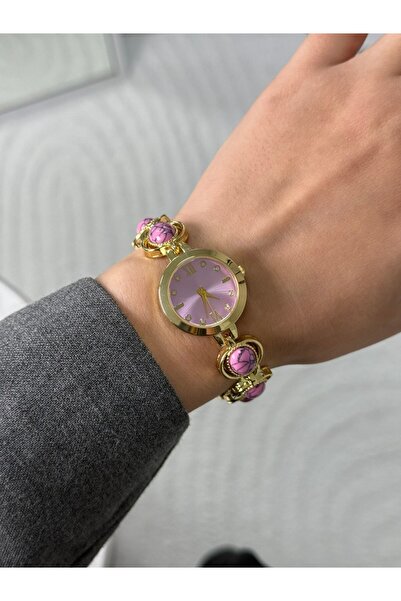 RoseandRoses Loren Mermer Desen Taşlı Özel Tasarım Kadın Kol Saati Gold (Pemb...