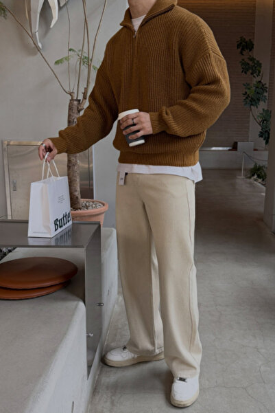 Tarz Cool Men's Light Mustard Regular Zippered Fisherman Sweater