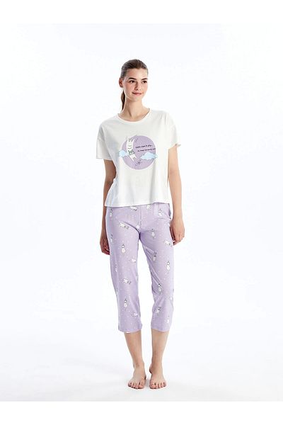 LC Waikiki Set de pijamale Capri pentru femei LCW Young LILA cu mânecă scurtă cu imprimeu