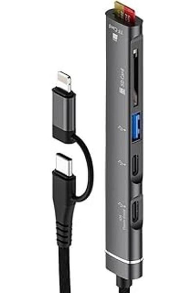 Mu Art رأس قابل للاستبدال من النوع C وطرف Lightning متوافق مع هاتف Iphone 15 وبطاقة SD وبطاقة Tf وقارئ بطاقة Micro SD