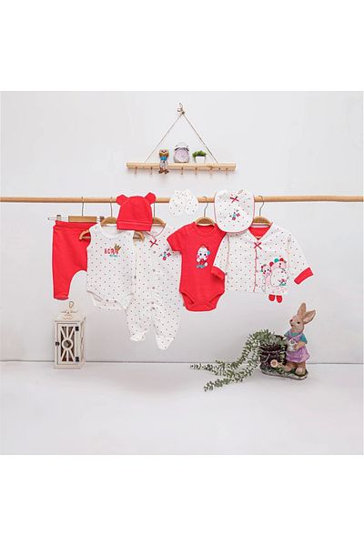 İmaj Red Dinosaur Baby Girl 8-Piece Hospital Release – 100% Cotton Bodysuit Set & Newborn Set