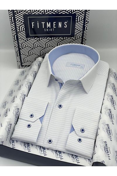 Fitmens Slim Fit Long Sleeve Dot Patterned Men's Shirt with Gift Box Fs- 001374   - White Light Blue