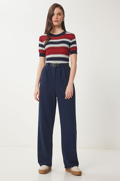 Lovelyİstanbul Belted Comfortable Palazzo Knitted Trousers Dark Blue Lrv0093