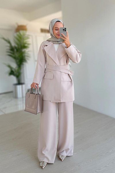 Ka Hijab Beige Double Breasted Jacket Double Suit