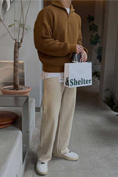 Tarz Cool Men's Light Mustard Regular Zippered Fisherman Sweater