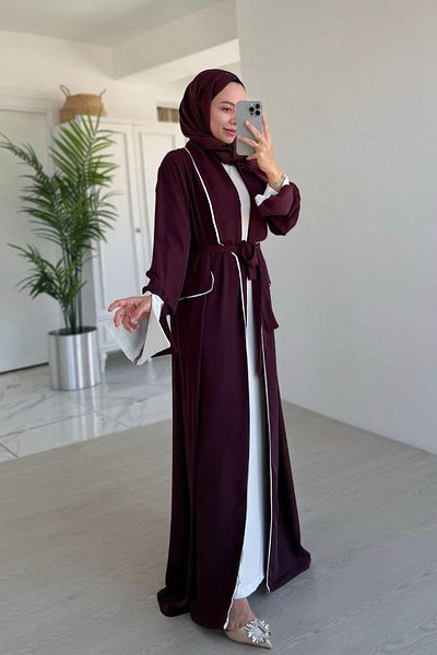 Ka Hijab Βουργουνδία Piping Λεπτομέρεια Δεμένη Abaya