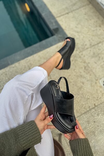 SHOEBELLAS Esar Black Flip Flops Women's Sandals with Gold Buckle Detail