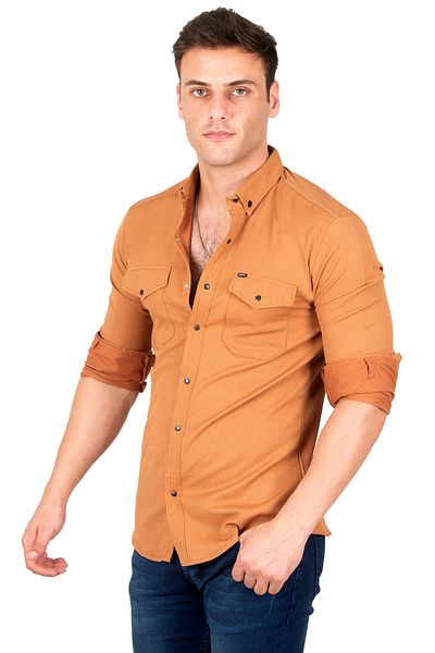 Rizz up Men's Slim Fit Denim Shirt 2300393   - Brown Lycra Crack Buttoned Pocket