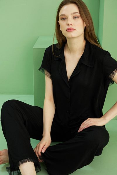 Siyah İnci Black Tulle Detailed Shirt Collar Buttoned Short Sleeve Viscose Knitted Pajama Set7824