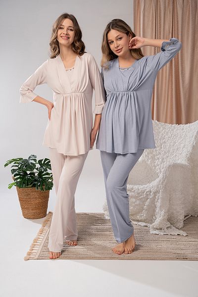 LOHOUSE Women's Beige Braided Special Design Maternity Pregnant Dressing Gown 3-Piece Pajama Set