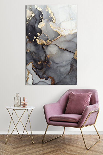 Vitrovelo Gri Altın Mermer Desen Cam Tablo, Darbelere Dayanıklı Kırılmaz Cam, Hediyelik