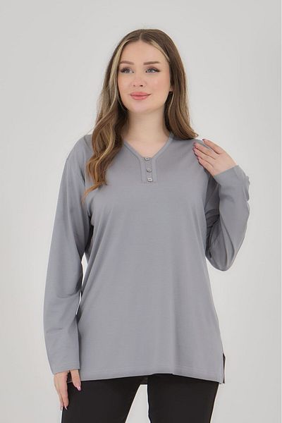Fresh&Moda بلوزة نسائية من القطن الممشط برقبة على شكل حرف V مقاس كبير من الليكرا للأم في منتصف العمر
