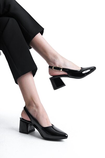 Bak Store Black Patent Leather Gold Buckle Detailed Women's Thick Heeled Shoes