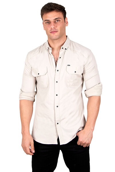 DeepSEA Ανδρικό πουκάμισο διπλής τσέπης σε μπεζ Lycra με λεπτό ραβδωτό κούμπωμα 2300421