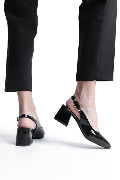 Bak Store Black Patent Leather Gold Buckle Detailed Women's Thick Heeled Shoes