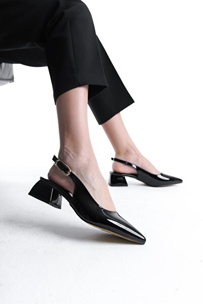 Bak Store Black Patent Leather Gold Buckle Detailed Women's Thick Heeled Shoes