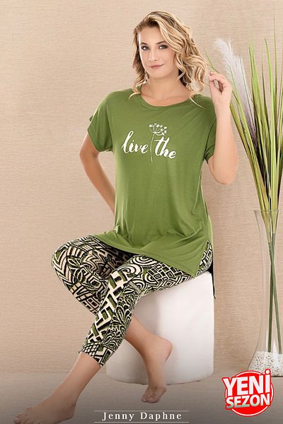 Jenny Daphne Set de pijamale capri cu mânecă scurtă, cu mânecă scurtă, cu imprimeu de culoare verde, 12075