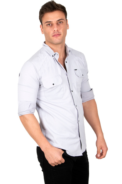 DeepSEA Ανδρικό πουκάμισο με διπλή τσέπη με λεπτό ριμπ γκρι Lycra 2300421