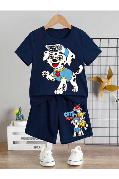 LOUİSA Girl-Boy Navy Blue Cute Puppy Dog Printed Shorts-T-Shirt Set