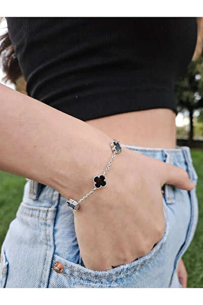 vogutima Kadın Erkek Gümüş Bileklik - 4 Yapraklı Yonca 3'lü Siyah Oniks Taşlı • Işıklı Kutuda • Bileklik