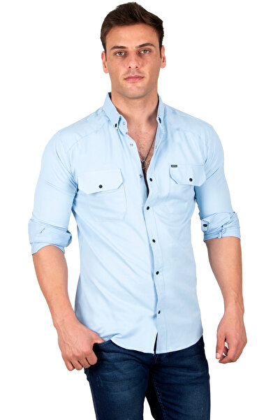DeepSEA Ανδρικό πουκάμισο Ice Blue Lycra με λεπτές ραβδώσεις με διπλή τσέπη 2300421