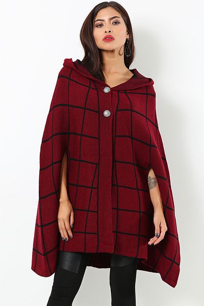 AVORWE Square Pattern Hooded Button Detail Claret Red Knitwear Poncho