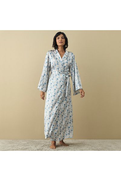 FAV All-Over Floral Print Notch Lapel Robe with Tie-Up Belt